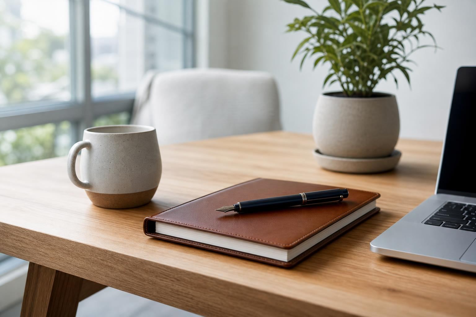 Carnet en cuir et stylo posés sur un bureau, support de mes notes de sélection de sites