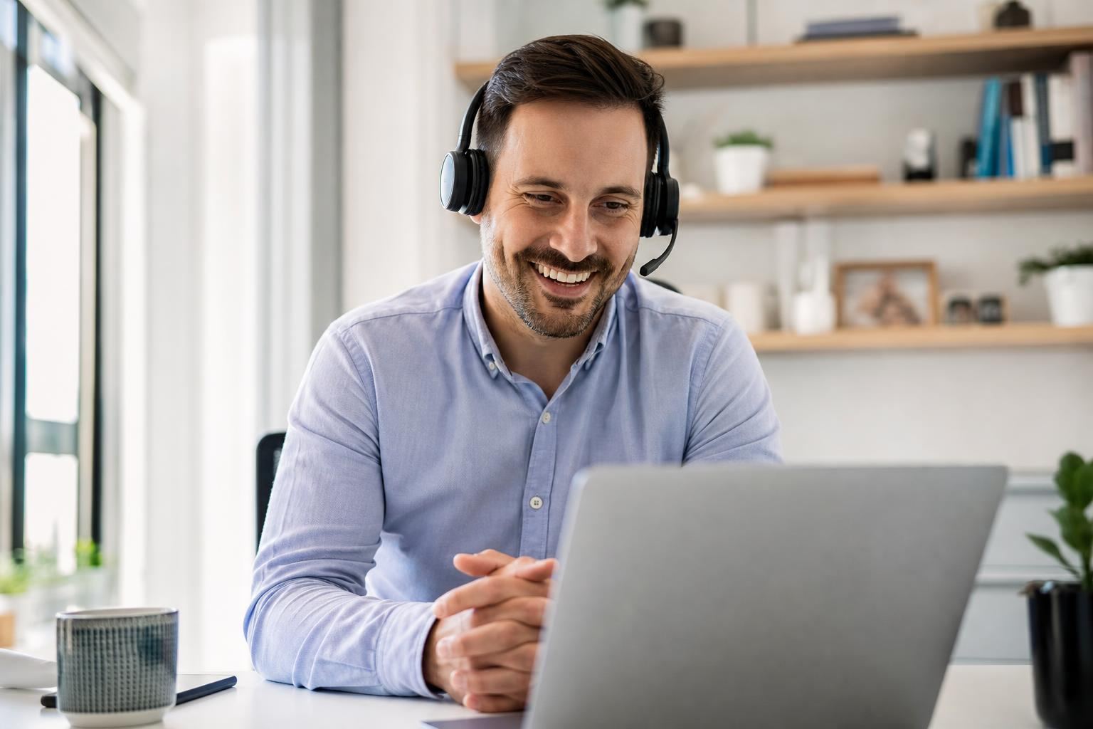 Homme en visioconférence dans son bureau, échange de travail sur une campagne de netlinking